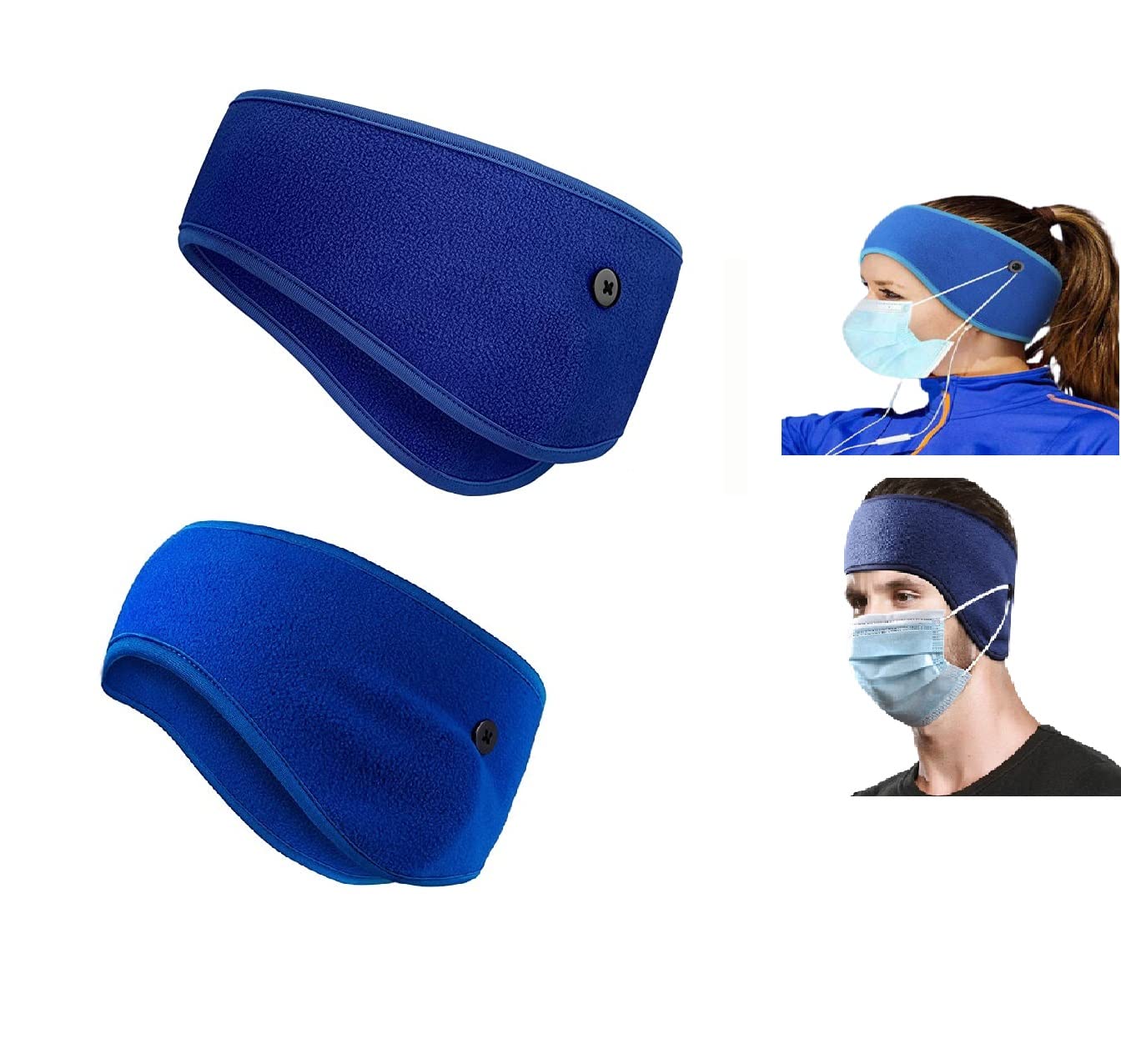 El Regalo 2 PCs Winter Fleece Ear Warmers Headband with Buttons for Facemask - Winter Ear Muffs for Men Women Boys & Girls in Cold Weather, Running Yoga Skiing Riding Bike Ear Cover (Neon Blue & Blue)