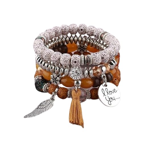El Regalo 4Pcs/Set Vintage Bohemia Style Wing Beads Tassel Unisex Bracelet - Stackable Multi-layer Modern Charm Bracelets with Wings and I Love You Charms Bracelets (Musturd Yellow)