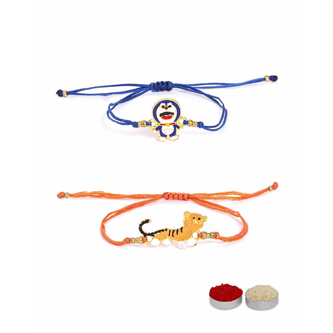 El Regalo 2 PCs Kids Rakhis Combo Set - Cute 2 Kids Rakhis Set with Roli- Chanwal, Rakhi Message Card in Rakhi Gift Box for Little Brother/Niece/Nephew (Tiger & Doremon Rakhi)