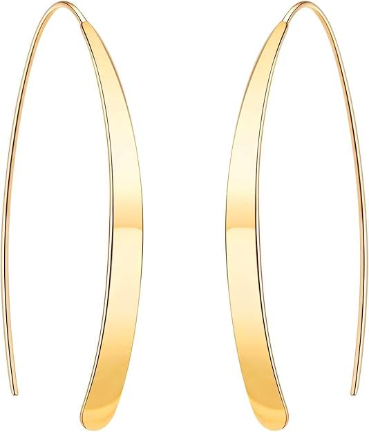 El Regalo Minimalist Long Arc Ear Threader Earrings for Women & Girls | Modern Sleek Curved Pull-Through Drop Western Earrings (Gold)