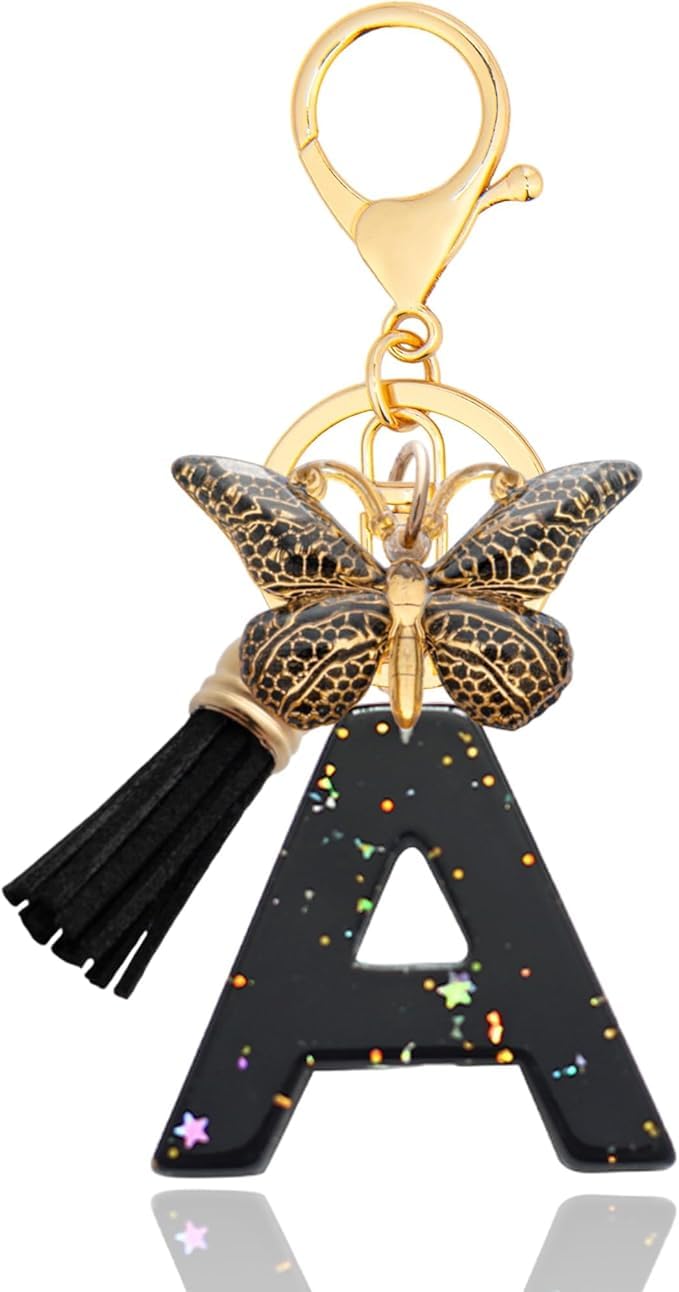 El Regalo Personalized Name Initials Butterfly Charm Keychain - Name Letter Keyring with Black & Golden Tassel & Butterfly Pendant, Purse, Bag, Backpack Accessory (A Letter)