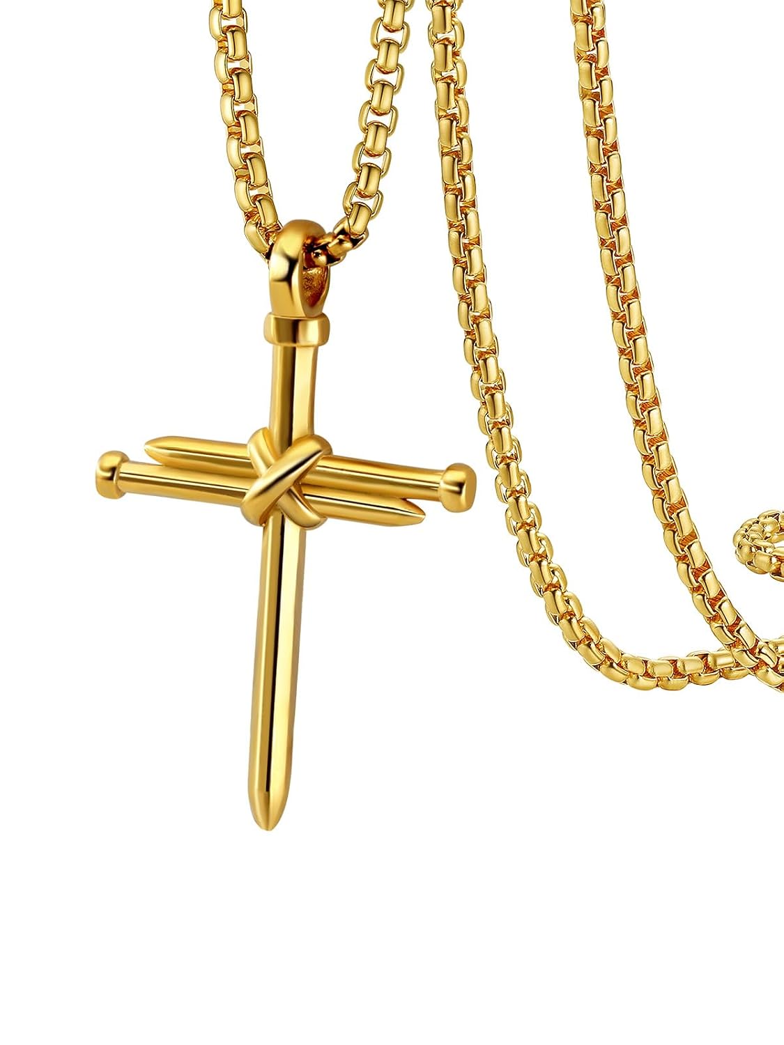 PIYIZ Nail Cross Necklace Stainless Steel Box Chain 22 Inch Cross Pendant Necklaces for Men Women, Silver Black Gold Color, Medium, Stainless Steel, No Gemstone