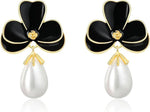 El Regalo Cute Orchid Flower Teardrop Pearl Earrings- 14K Gold Plated Pearl Earrings for Women | Floral Enamel drop Ball Earrings (Black)