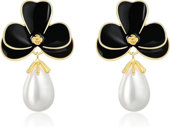 El Regalo Cute Orchid Flower Teardrop Pearl Earrings- 14K Gold Plated Pearl Earrings for Women | Floral Enamel drop Ball Earrings (Black)