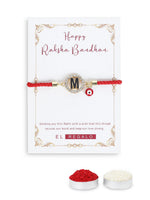 El Regalo Name Initials Evil Eye Bracelet Rakhi for Brother- Name Letter CZ Rakhi with Roli Chawal, Message Card in Rakshabandhan Box for Bhai (Red- M)