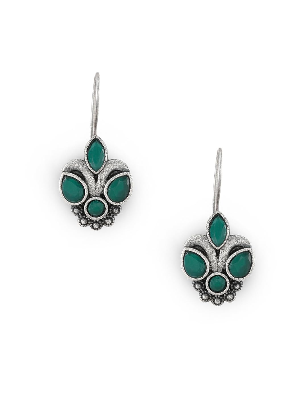 El Regalo Small Oxidized German Silver Stones Hook Earrings- Handmade Oxidized Indian Earrings (Green)