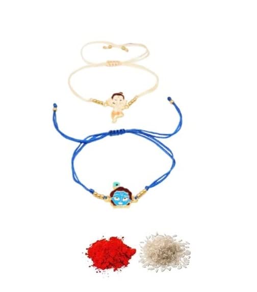 El Regalo 2 PCs Kids Rakhis Combo Set - beautiful 2 Kids Rakhis Set with shagun, Rakhi Message Card in Rakhi Gift Box for Little Brother/Niece/Nephew (Bal Ganesha & Krishna Rakhi)