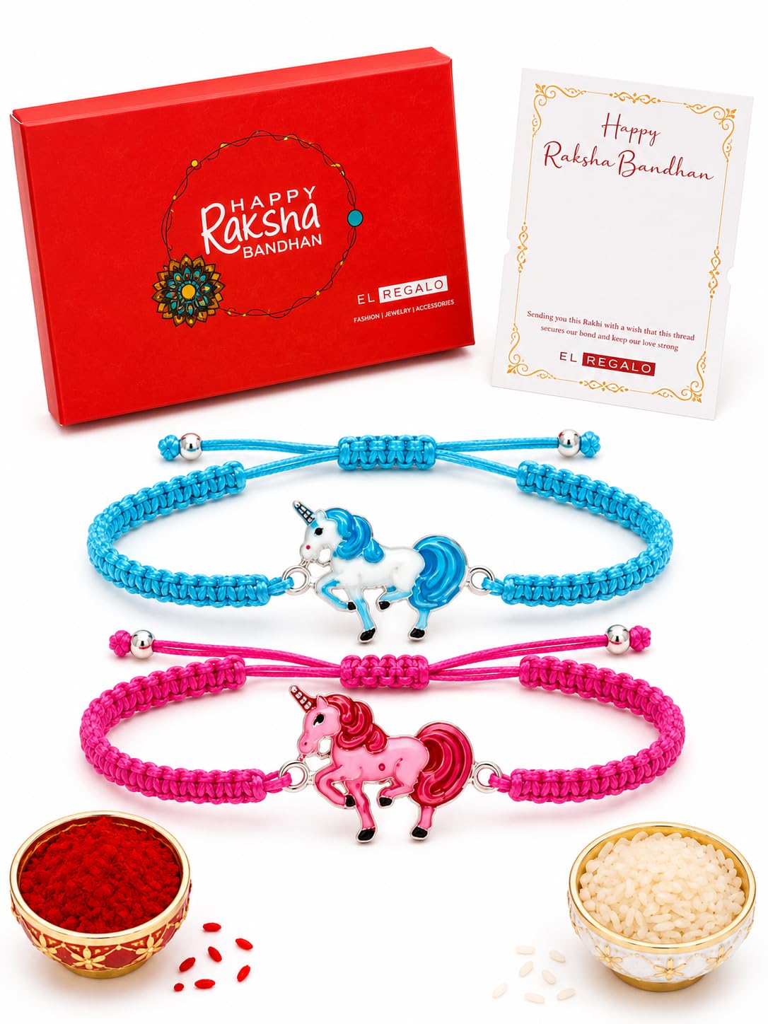 El Regalo 2 Unicorn Rakhis Gift Combo for Littler Brother/Kids beautiful Kids Rakhi Set with 2 Rakhis, shagun & Rakhi Message Card in Gift Box for Brother/Sister/Niece and Nephew (Option-3)