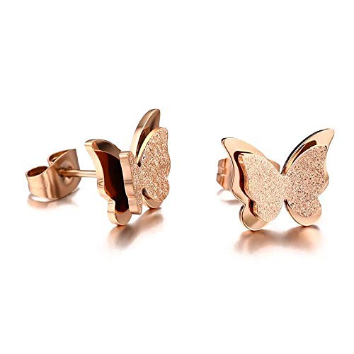 El Regalo Stainless Steel Small Butterfly NO RUST Earrings- Butterfly Matt Finish Rose Gold Plated Stainless Steel Cute Stud Earrings for Women/Girls