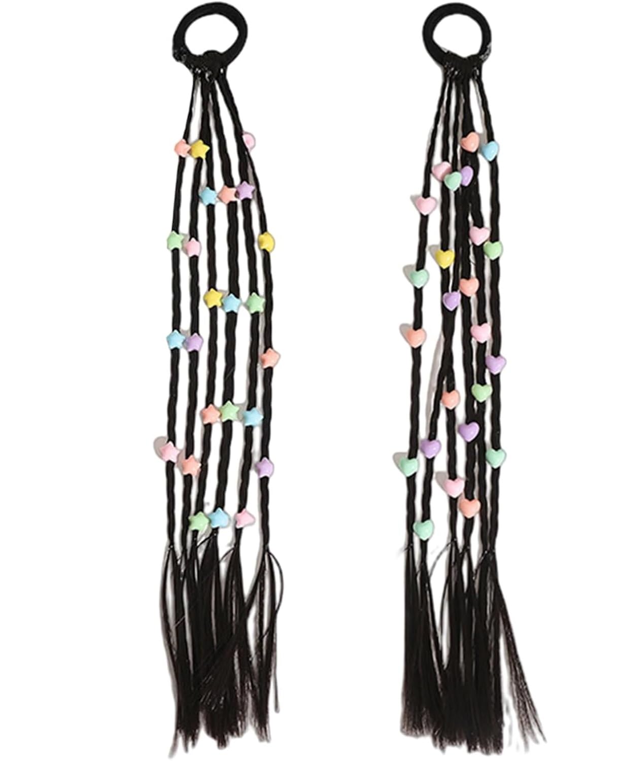 El Regalo 2PCs Cute Beaded Ponytail Hair Extensions Rubber Band- Stars & Hearts Beaded Braid Hairpieces for High Ponytail for Kids/Teen Girls/Women