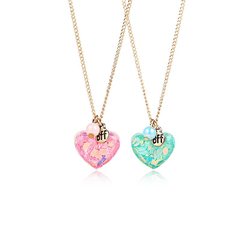 El Regalo 2 PCs Best-Friend (BF) Pink & Blue Resin Sparkling Heart 2PCs Pendant Necklace Set for Girls Besties/Sisters/Best Friends