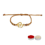 El Regalo Auspicious OM Rakhi Brother- Designer Hand Braided OM Bracelet Rakhi with Roli Chawal Shagun, Message Card in Rakhi Gift Box (Golden Brown)