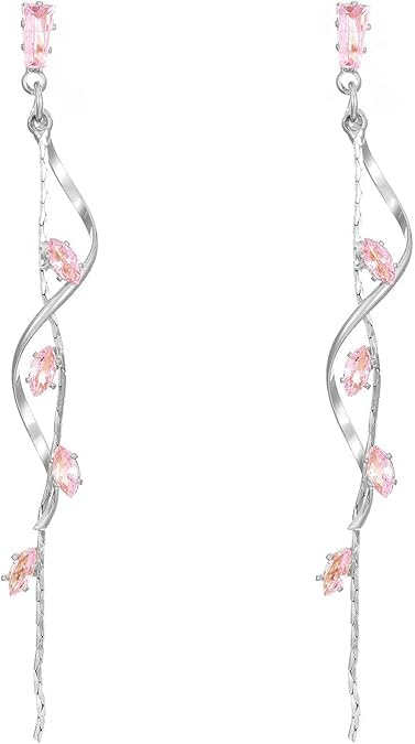 El Regalo Long Copper Zirconia Rhinestone Leaf Drop Dangle Earrings for Women | Korean Style Vine Fringe Earrings | Classy Party, Wedding & Casual Earrings Jewelry (Pink Silver)