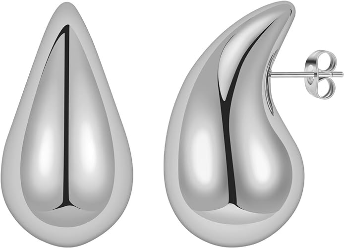 El Regalo 1 Pair Stainless Steel Teardrop/Waterdrop Bold Fashion Statement Earrings- Anti Tarnish, Hypoallergenic Chunky Bottega Earrings (Silver)