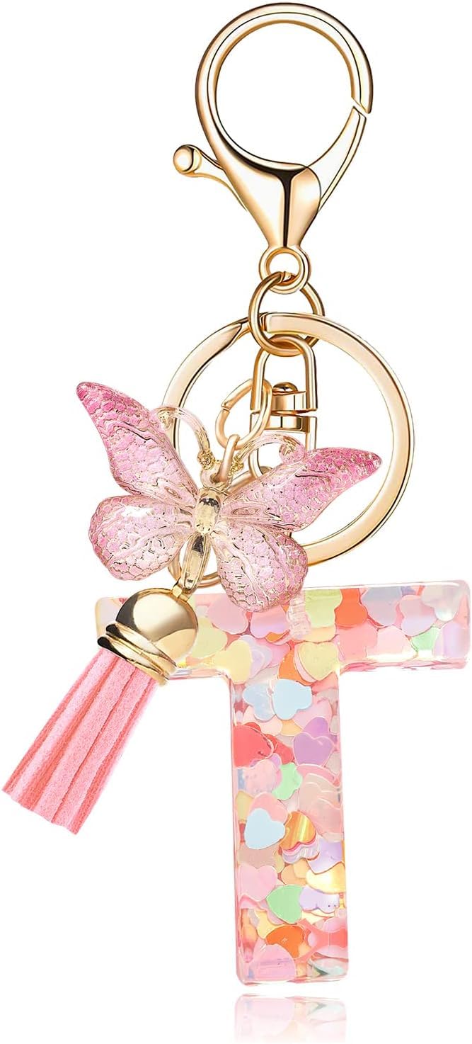 El Regalo Personalized Name Initials Butterfly Charm Keychain - Custom Letter Keyring with Pink Tassel & Butterfly Pendant, Purse, Bag, Backpack Accessory (T Letter)