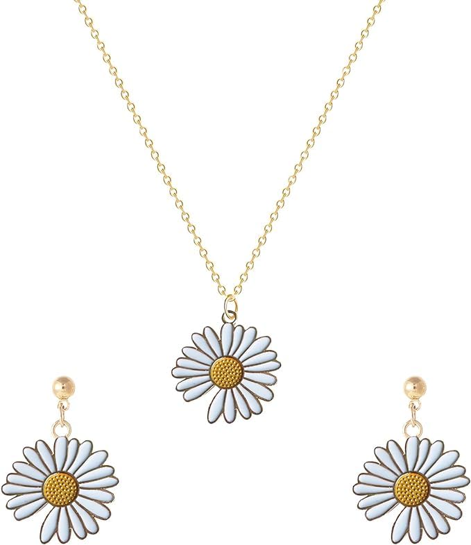 El Regalo Daisy Sunflower Necklace and Earring Set, Sunflower Boho Long Drop Handmade Pendant Necklace Choker with Sunflower Earrings Sets for Women Girls