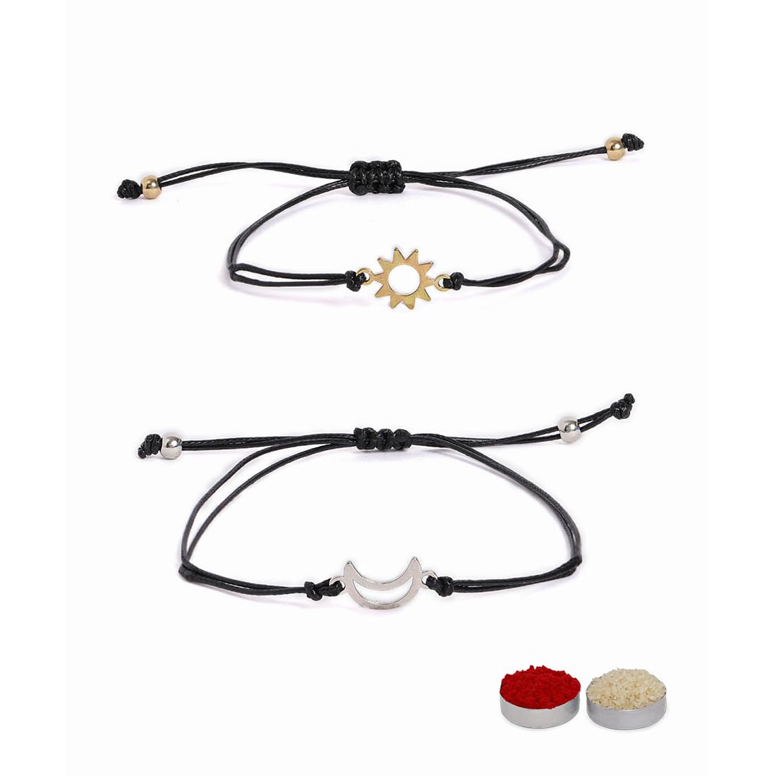 El Regalo 2PCs Sun Moon Adjustable Rakhis for Brother- Simple & Elegant 2 Rakhis with Roli Chawal, Message Card in Rakhi Box for Bhaiya-bhabhi