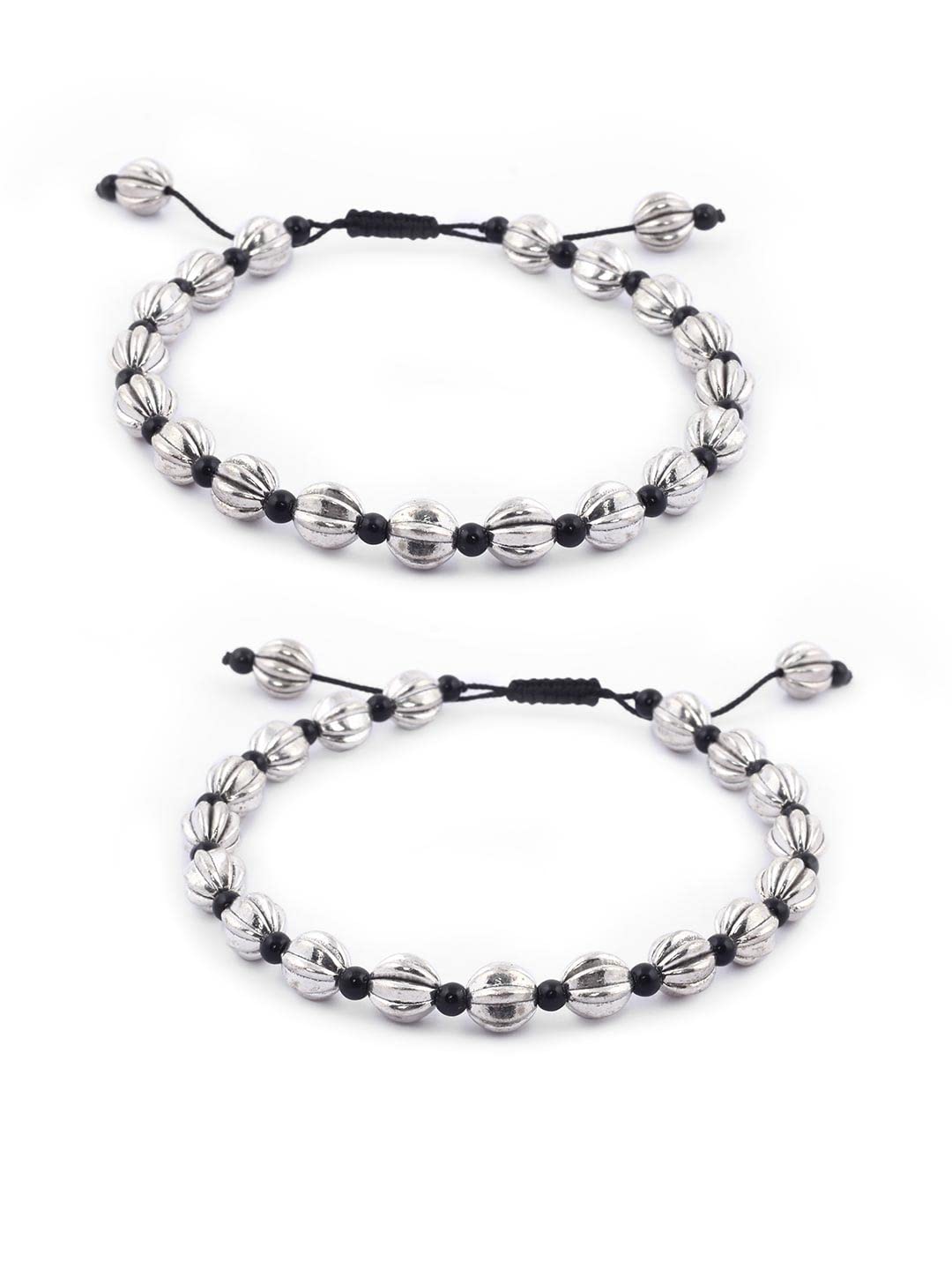 El Regalo 2 PCs Boho Macrame Adjustable Oxidized German Silver Bead Anklet for Girls & Women (Carved Beads)