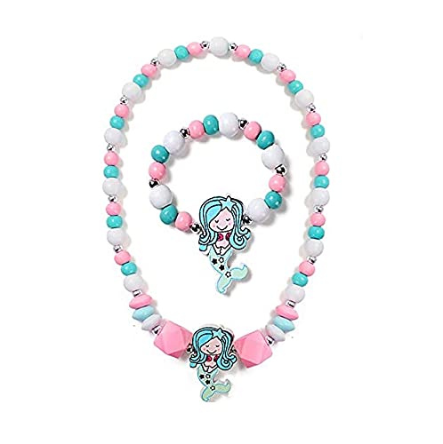 El Regalo Kids/Toddlers/Girls Wooden Beads Handmade Necklace & Bracelet Jewelry Sets (1 Necklace & 1 Bracelet): Kids Princess Jewelry Set (Mermaid Kids Jewelry Set)