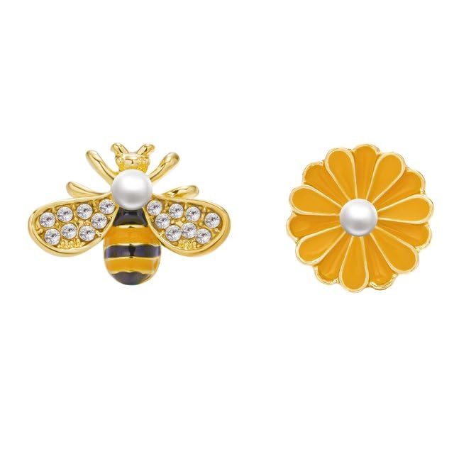 El Regalo Bee & Flower Pearl Stud Earrings- Asymmetrical Statement Cute Honeybee & Flower Stud Earrings for Girls & Women