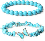 El Regalo 2PCs Natural Crystals Butterfly Bracelets Set- Real Crystals Healing Stones Bracelet Combo for Women (Turquoise Green)