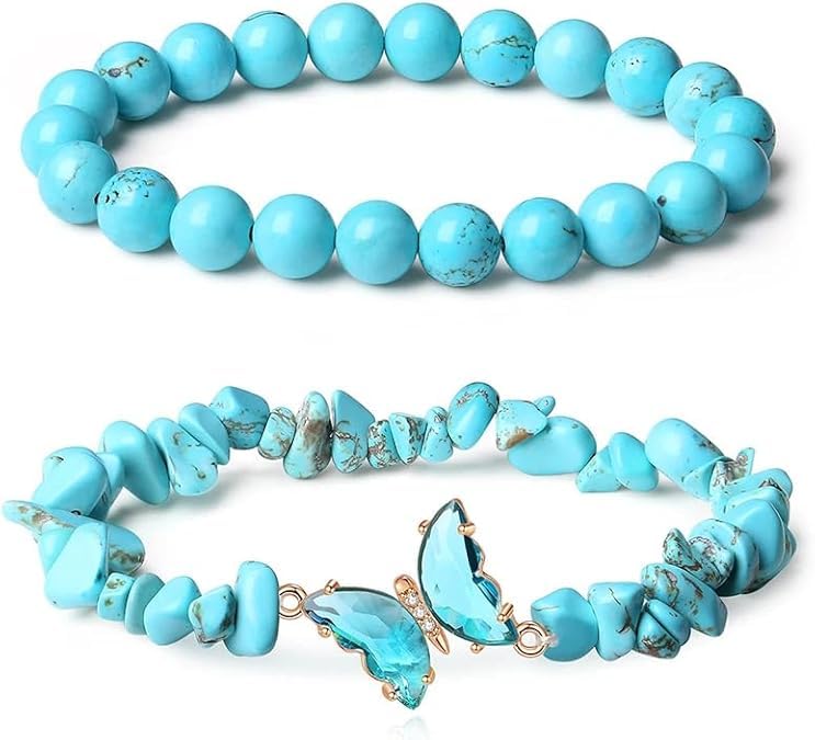 El Regalo 2PCs Natural Crystals Butterfly Bracelets Set- Real Crystals Healing Stones Bracelet Combo for Women (Turquoise Green)