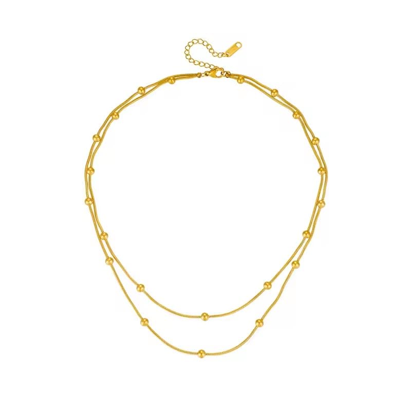 El Regalo Stainless Steel Double Layers Satellite Beads Chain Necklace- Anti Tarnish, Waterproof Golden Beads Station Chain Necklace for Women Girls