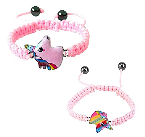 El Regalo 2 PCs Lovely Braided Unicorn Beads Bangle Bracelet for Girls Kids/Cute Cartoon Horse Weave Ropes Anklets Bracelets Jewelry For Kids Girl Women (Peachy Pink & Pink)