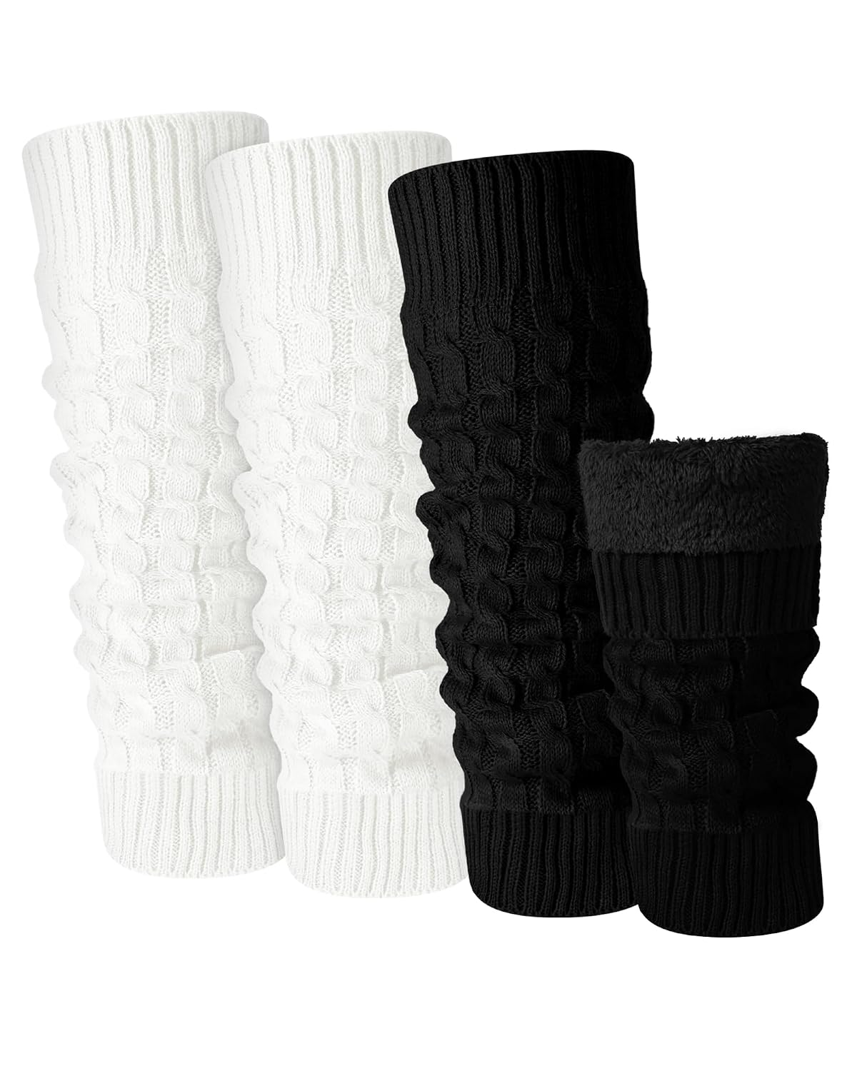 Shihanee 2 Pairs Winter Fleece Lined Leg Warmers for Women Warm Long Boot Socks Knit Thick Calf Warmers for Skating Walking, Black,white, about 15.7 inches x 4.5 inches in length and width