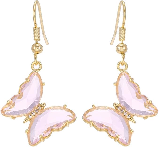 El Regalo Butterfly Drop Earrings for Women | Gold Plated Crystal Butterfly Dangle Earrings | Earrings for Girls | Cute Fashion Earrings (Pink)