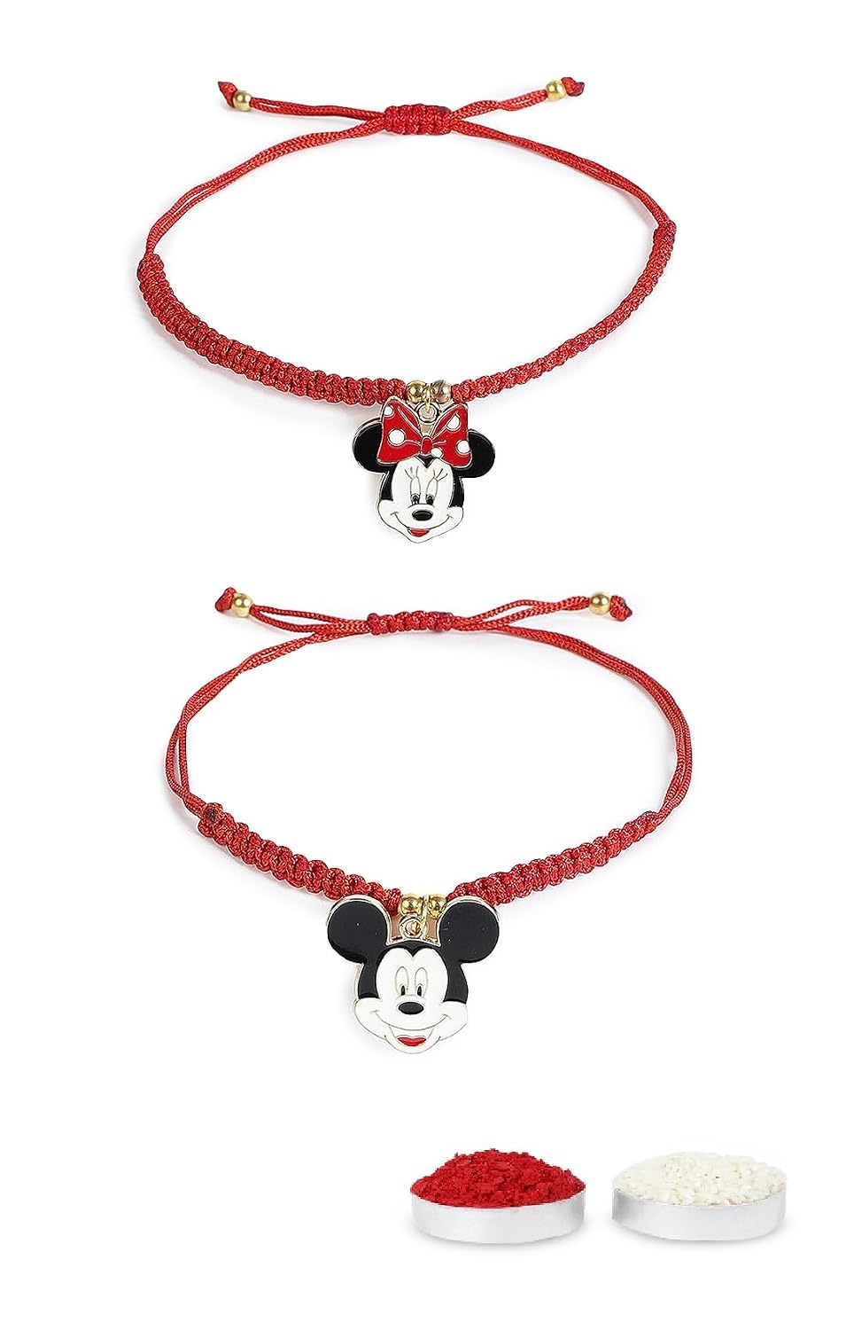 El Regalo 2 PCs Cute Kids Fancy Rakhis- Beautiful Minnie & Mickey Mouse Rakhis Set with Roli Chawal, Rakhi Message Card in Rakhi Gift Box for Little Brother/Niece/Nephew