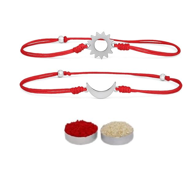 El Regalo 2PCs Sun Moon Adjustable Rakhis for Brother- Simple & Elegant 2 Rakhis with Roli Chawal, Message Card in Rakhi Box for Bhaiya-bhabhi (Red)
