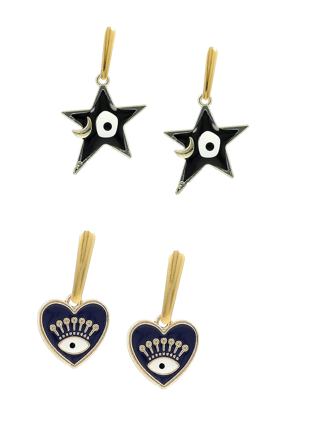 El Regalo 2 Pairs Evil Eye Hypoallergenic Dangle Heart, Star, Rainbow Studs/Hook Earrings - Handcrafted Golden Enamel Evil Eye Earrings for Girls & Women (Option- 8)
