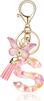 El Regalo Personalized Name Initials Butterfly Charm Keychain - Custom Letter Keyring with Pink Tassel & Butterfly Pendant, Purse, Bag, Backpack Accessory (S Letter)