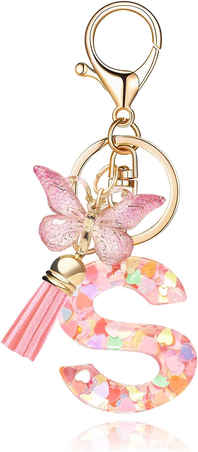 El Regalo Personalized Name Initials Butterfly Charm Keychain - Custom Letter Keyring with Pink Tassel & Butterfly Pendant, Purse, Bag, Backpack Accessory (S Letter)