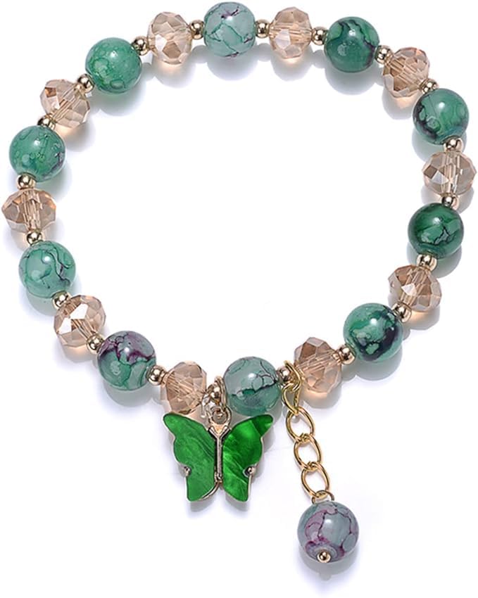 El Regalo 1 PC Butterfly Sparkly Crystal Beads Tassel Bracelet With Cute Enamel Butterfly Charms for Girls/Teens/Women (Green)
