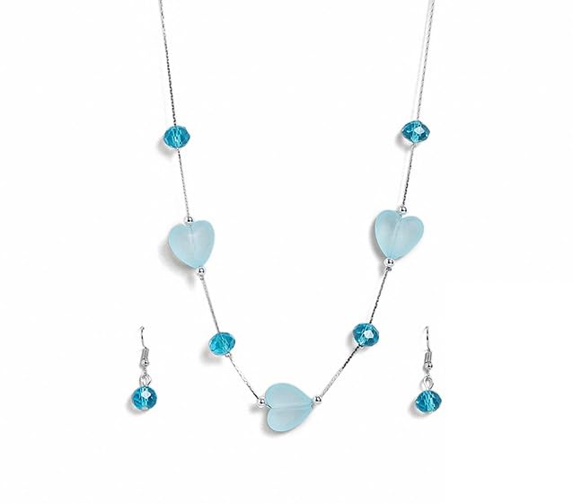 El Regalo 2PCs Crystals Beads Necklace & Earrings Jewelry Set for Kids/Girls & Teens - Shimmering/Matt Crystal Beads Fancy Jewelry Set (Blue Hearts)