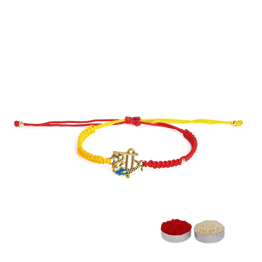 El Regalo 1PC Auspicious Thread Rakhi Brother- Red & Yellow Thread OM, Ganesha, Shree, Trident, Damroo Mauli Rakhi with Roli Chawal Shagun, Message Card in Rakhi Gift Box (Shree Rakhi)