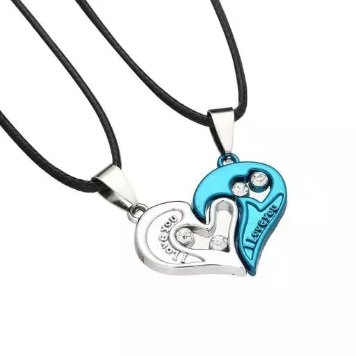 El Regalo 2PCs Stainless Steel Love Heart CZ I Love You Puzzle Matching Couple Pendant Necklaces- Anti Tarnish Best Friend Heart Necklaces for Girls/Boys/Men/Women/Besties (Silver & Blue Hearts)