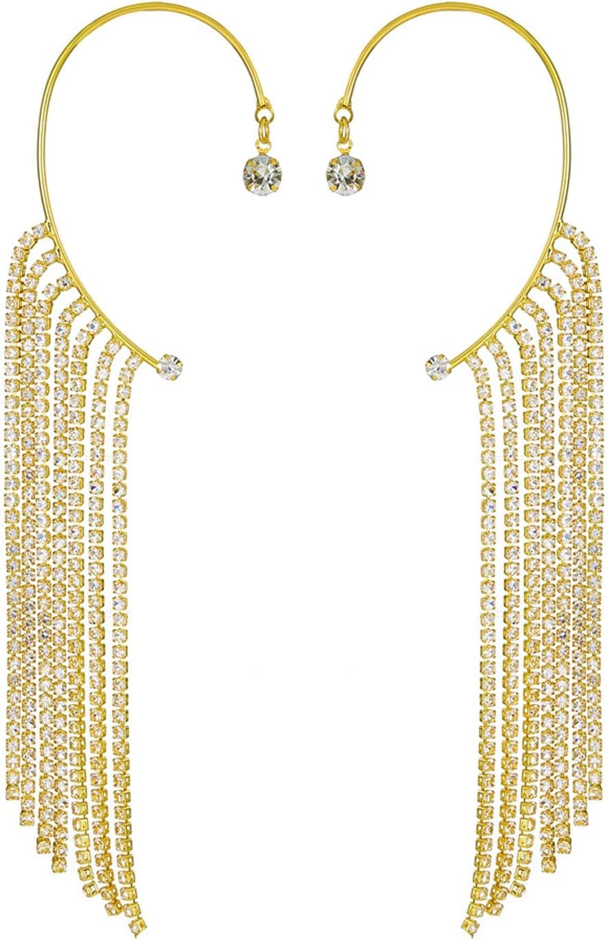 El Regalo 1 Pair Shining Long Tassel Earcuff Climber Earring- Contemporary Ear Cuff Wrap, No Piercing Ear Climber Earring for Girls & Women (Golden)
