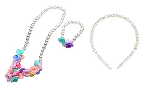 El Regalo 3 PCs Kids Pearl Hairband, Flower Pearl Necklace & Bracelet Set for Girls, Kids Jewelry Set with Necklace, Bracelet & Hairband