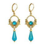 El Regalo Vintage Carved Ethnic Dangle Earrings for Women & Girls, Gold-Tone Boho Drop Earrings with Blue Crystal Teardrop, Party, Festive & Wedding Jewellery