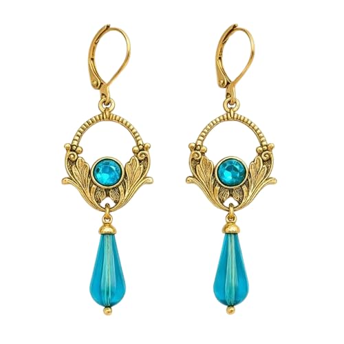 El Regalo Vintage Carved Ethnic Dangle Earrings for Women & Girls, Gold-Tone Boho Drop Earrings with Blue Crystal Teardrop, Party, Festive & Wedding Jewellery