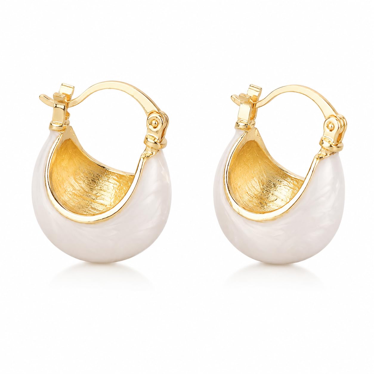 El Regalo Chunky 18K Gold Plated Enamel Hoop Earrings for Women & Girls | Elegant Bold Teardrop Huggie Hoops | Fancy Western Statement Jewellery | Glossy Curved Design for Casual Wear, Office & Party (Vanilla White)