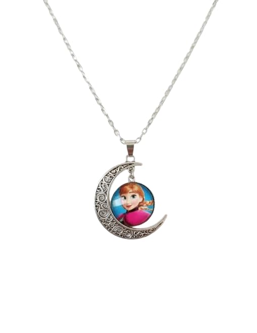 El Regalo Princess Crescent Moon Pendant Necklace for Girls- Enchanted Fairytale Character Jewelry with Filigree Detail, Silver-Tone Chain, Perfect Birthday Return Gift or Party for Toddlers and Kids (Style-5)