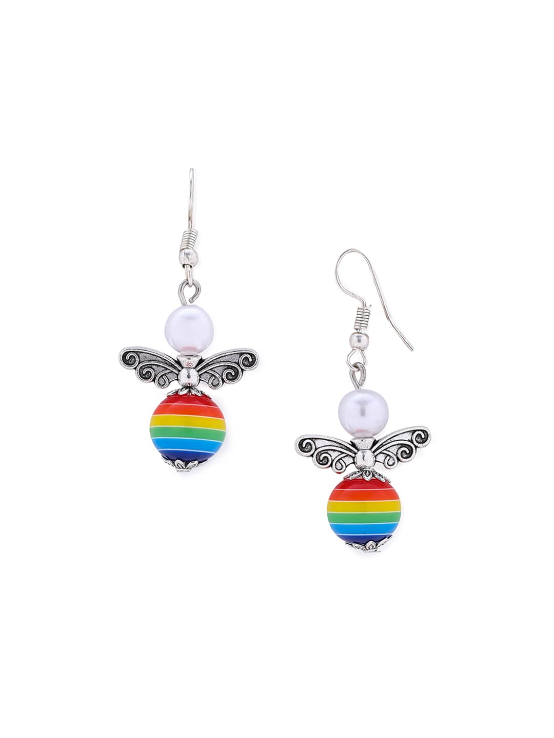 El Regalo Rainbow Angel Wings Pearl Earrings- Cute Small Hook Earrings with Colorful Wings & Elegant Pearls