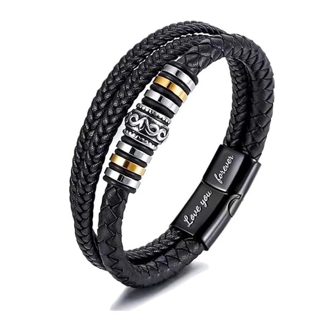 El Regalo Stainless Steel Men Leather Bracelet Love You Forever with Magnetic Clasp- Handmade Braided Rope Bracelet with Hypoallergenic Magnetic Clasp