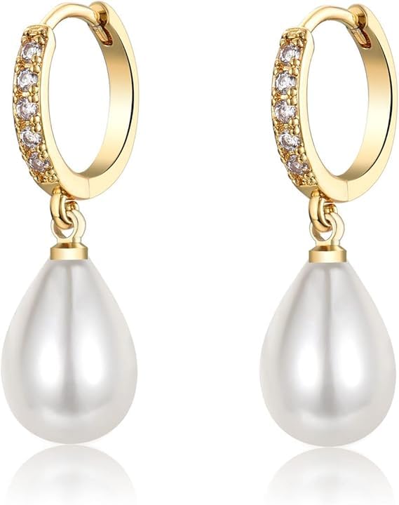 El Regalo Minimalist CZ Pearl Drop Earrings for Women | Korean Style Dangle Hoop Earrings | Gold & Silver Plated Cubic Zirconia Pearl Earrings | Elegant Daily Fashion Jewellery for Girls (Silver- Drop)