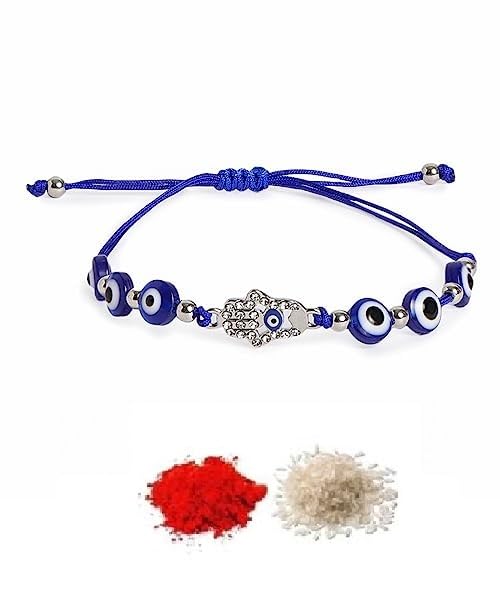El Regalo 1PC Evil Eye Rakhi for Bhai/Bhabhi/Bhai/Bhatija/Bhatiji- Fancy Evil Eye Rakhi with Roli Chanwal, Rakhi Card in Rakhi Gift Box (Option-3)