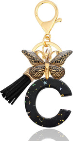 El Regalo Personalized Name Initials Butterfly Charm Keychain - Name Letter Keyring with Black & Golden Tassel & Butterfly Pendant, Purse, Bag, Backpack Accessory (C Letter)
